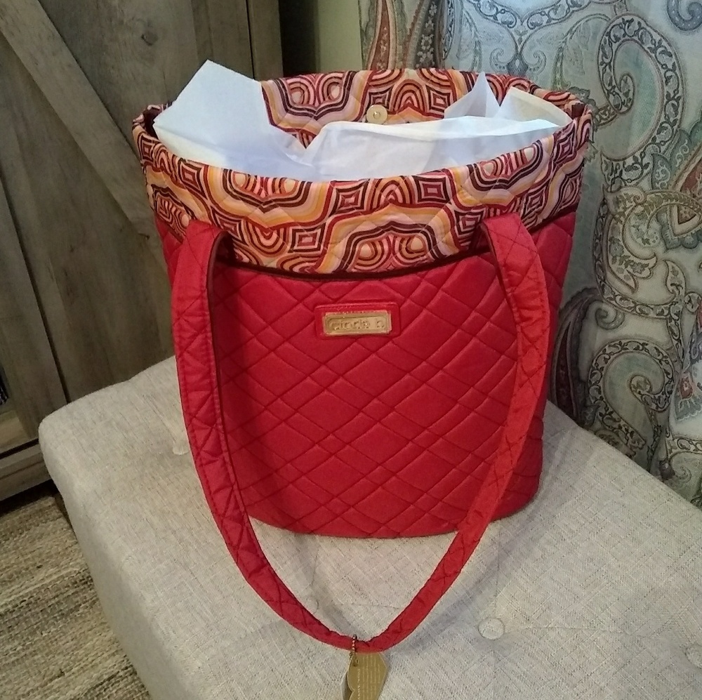 Red cinda b patterened, waterproof Essentials Tote